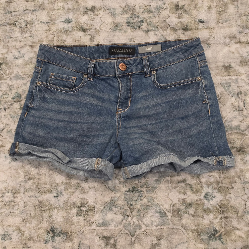 Aeropostale Womens Midi Denim Shorts Medium Wash Cuffed Blue Size 6 Regular